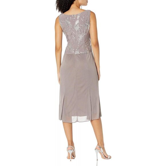 Alex Evenings Women's Tea Length Sequin Dress Pewter Brown / Frost 10 - Picture 13 of 14